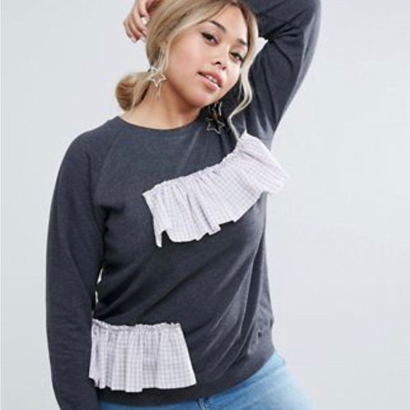ASOS Curve Heather Grey Sweater Placed Purple Gingham Ruffle - Picture 5 of 5